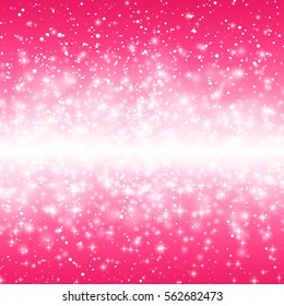 Vector Illustration of a Valentines Day Card. Fading snow star line on a pink background. Vector illustration. Abstract white glitter ribbon. Magic Christmas eve snowfall. For holiday, party, birthday