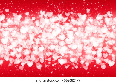 Vector Illustration of a Valentines Day Card. Falling hearts, sparkle star, snow on a pink background. Abstract white glitter confetti background. Romantic valentine backdrop.