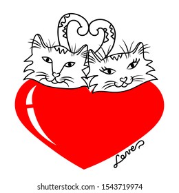 Vector illustration for valentines day. Cartoon white cats with red heart on a white background for postcards