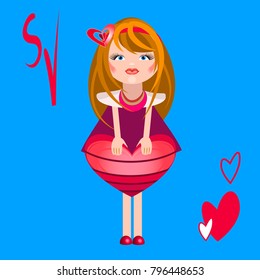 Vector illustration for Valentine's day. A cartoon little girl with a contour volumetric heart in her hands. Drawing for the greeting card, decoration of the holiday, package design.