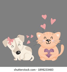 vector illustration for valentine's day cat and dog with hearts in cartoon style. take an animal from the shelter