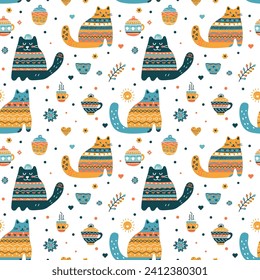 Vector illustration of Valentine's Day, cat, teapots, cups, tea