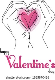 Vector illustration of Valentine's day celebration. Hands folded in the shape of a heart, linear style, inscription and  a pink-purple color. Suitable for invitations, postcards, advertising, printing