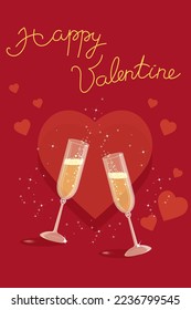 Vector illustration for Valentine's Day. Champagne glasses, hearts and lettering on a deep red color background.