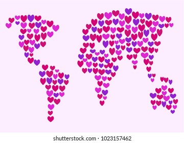 Vector illustration. Valentine's Day. Colored pink hearts in the form of a map.