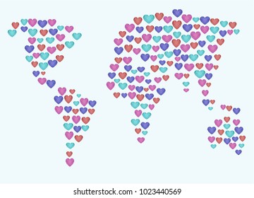 Vector illustration. Valentine's Day. Colored: pink, green, red, purple polygonal hearts in the form of a world map.