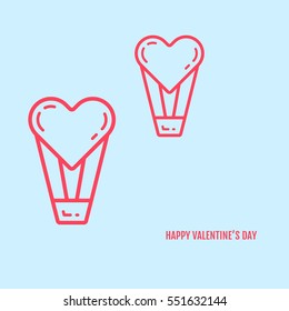 Vector illustration of valentines day concept in flat bold line style. Graphic design pink hearts with baskets on blue background. Outline love symbols objects. Can be add text.