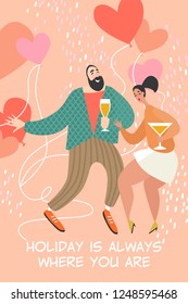 Vector illustration of Valentines day with a couple dancing and drinking wine. Cartoon characters