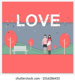 Vector Illustration of Valentine's Day.  Couples outdoors in the park on the day of love.