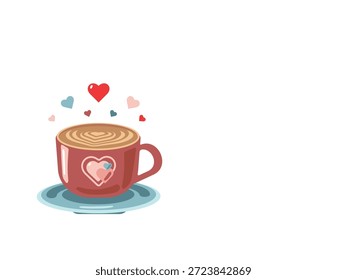 Ilustración vectorial para San Valentín. Una taza de capuchino y corazones sobre un fondo blanco. Acuarela