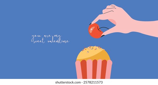 Vector illustration. Valentine's Day. Cupcake, hand holding cherry. Banner, background, postcard, cover.