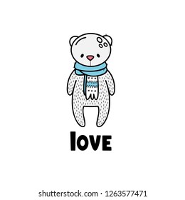 Vector illustration for valentines day. Cute white bear in a scarf.