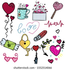 Vector illustration for valentines day. Cute elements hearts, balls, locks, keys, lettering love. Ideal for gift and paper products.