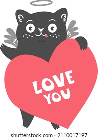 Vector illustration for valentine's day. Cute black cupid cat is holding a valentine.