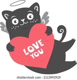 Vector illustration for valentine's day. Cute black cupid cat is holding a valentine.