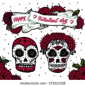 Vector illustration of valentines day, day of the dead. Hipster emblems, design with skulls and flower. Use for banners, greeting cards, gifts, poster.