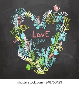 Vector illustration for Valentine's day design element with flowers and birds on the blackboard