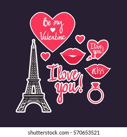 Vector illustration. Valentine's Day. Eiffel Tower, lip, kiss, ring, hearts and inscriptions. I love you. Be my Valentine. Isolated on dark background.