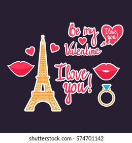Vector illustration. Valentine's Day. Eiffel Tower, lip, kiss, ring, hearts and inscriptions. I love you. Be my Valentine. Isolated on dark background.