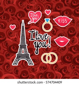 Vector illustration. Valentine's Day. Eiffel Tower, lip, kiss, ring, hearts and inscriptions. I love you. Seamless pattern of red roses background.