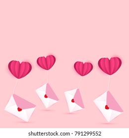 Vector illustration for Valentines day. Envelopes with heart shaped sticker as love letters are tied with heart shaped balloons on sweet pink background.