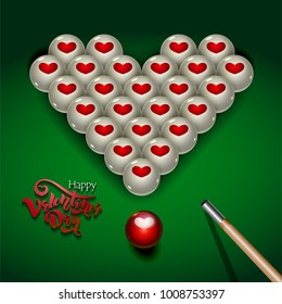 Vector illustration for Valentine's day and for fans of billiards. Pyramid of balls with hearts on billiard table and billiard cue.  For greeting cards, posters. banners, invitation to the champions