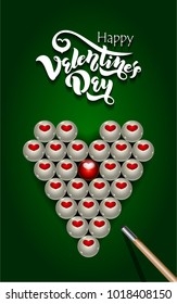 Vector illustration for Valentine's day and for fans of billiards. Pyramid of balls with hearts on billiard table and billiard cue.  For greeting cards, posters. banners, invitation to the champions