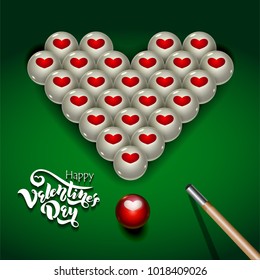 Vector illustration for Valentine's day and for fans of billiards. Pyramid of balls with hearts on billiard table and billiard cue.  For greeting cards, posters. banners, invitation to the champions
