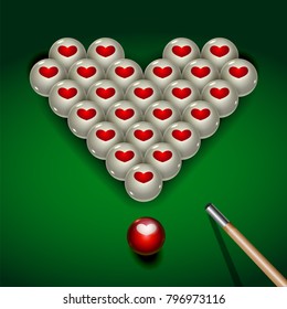 Vector illustration for Valentine's day and for fans of billiards. Pyramid of balls with hearts on billiard table and billiard cue.  For greeting cards, posters. banners, invitation to the champions