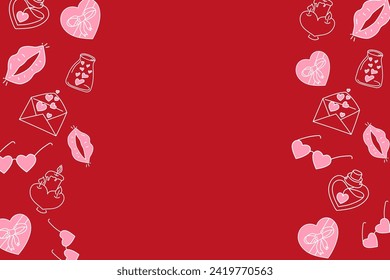 Vector illustration. Valentine's day festive background in sketch style, with copy space for text. Hand-drawn cartoon icons. Banner, web poster, flyer, stylish brochure, postcard, cover, background.
