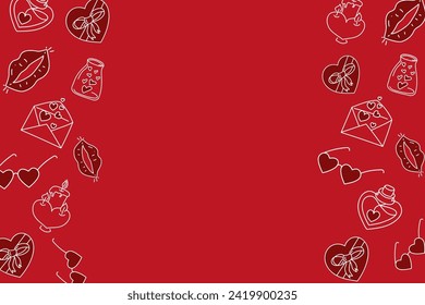 Vector illustration. Valentine's day festive background in sketch style, with copy space for text. Hand-drawn cartoon icons. Banner, web poster, flyer, stylish brochure, postcard, cover, background.