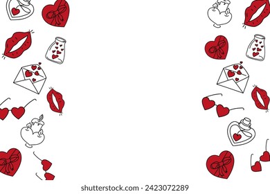 Vector illustration. Valentine's day festive background in sketch style, with copy space for text. Hand-drawn cartoon icons. Banner, web poster, flyer, stylish brochure, postcard, cover, background.