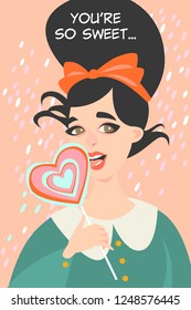 Vector illustration of Valentines day with funny girl eating heart shaped lollipop. Cartoon character