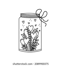 Vector illustration of a Valentine's day gift. Decorative jar with plants and decorative hearts. Outline