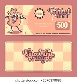 Vector illustration of a Valentine's day gift voucher with a rubber hose style character on a checker pattern background.