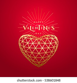 Vector illustration of valentines day golden greeting card with typography text sign circled burst, triangle line grid gold heart isolated on red background in luxury style