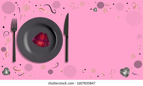 Vector illustration of a Valentine's Day greeting card. Place for your inscription on the postcard. Black plate with appliances on a pink background.