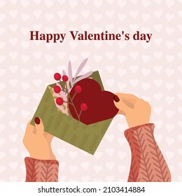 Vector illustration, Valentine's Day greeting card. Hands, envelope, heart, foliage, mountain ash. Hands in a sweater, an envelope with a heart.