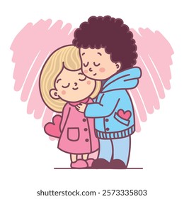 Vector illustration of a Valentine's Day greeting card. Lovers boy and girl hug