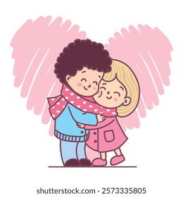 Vector illustration of a Valentine's Day greeting card. Lovers boy and girl hug