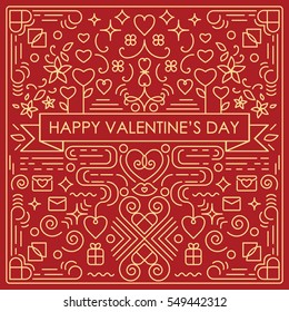 ilustración vectorial de la tarjeta de felicitación de San Valentín con giros de arte de una sola línea y elementos decorativos en colores rojo y blanco y texto en el medio