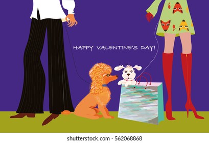 Vector illustration for Valentine's day greeting with a couple of people and a couple of poodle dog and a little white dog sitting in the shopping bag