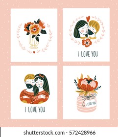 Vector illustration. Valentines day greeting cards templates with love lettering, hearts, flowers , couple and plant wreath. Romantic backgrounds.