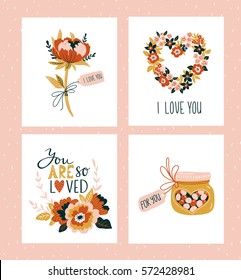 Vector illustration. Valentines day greeting cards templates with love lettering, hearts, flowers , candies and plant wreath. Romantic backgrounds.