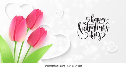 Vector illustration of valentine's day greetings card template with hand lettering label - happy valentine's day - with tulips flower and heart shapes.