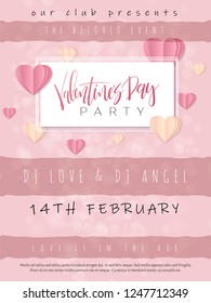 Vector illustration of valentine's day greetings card template with hand lettering label - happy valentine's day - with paper heart shapes.