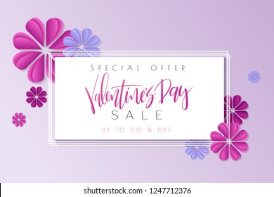 Vector illustration of valentine's day greetings card template with hand lettering label - happy valentine's day - with paper origami flowers.