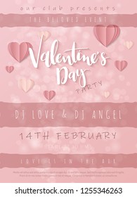 Vector illustration of valentine's day greetings card template with hand lettering label - happy valentine's day - with paper heart shapes.