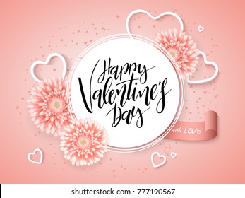 Vector illustration of valentine's day greetings card with hand lettering label - happy valentine's day - with a lot of heart shapes and chrysanthemum flowers.