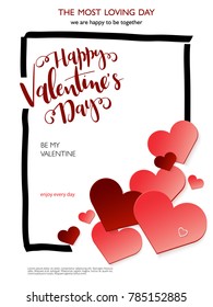 Vector illustration of valentine's day greetings card with hand lettering label - happy valentine's day - with frame and a lot of heart shapes